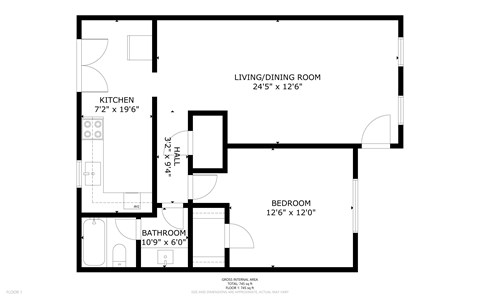 Floor plan for 1 bed, 1 bath, 765 sqft